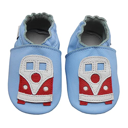 Bemesu Krabbelschuhe Baby Lauflernschuhe Weicher Leder Babyschuhe Lederpuschen mit Wildledersohlen Kleinkind Babyhausschuhe für Mädchen Jungen Hellblau Auto (L, 12-18 M, EU 21/22) von Bemesu