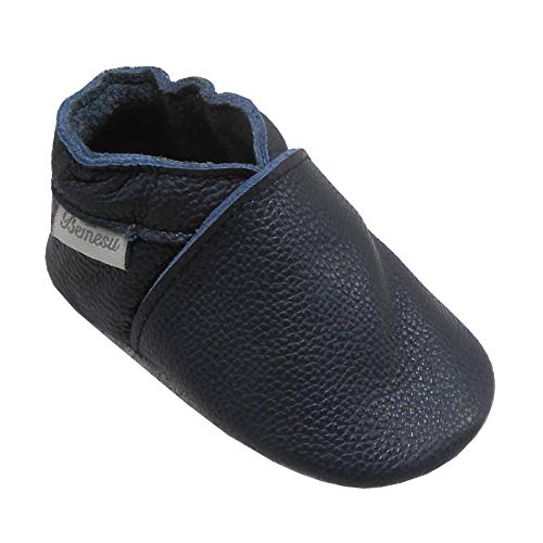 Bemesu Baby Krabbelschuhe Lauflernschuhe Lederpuschen Kinder Hausschuhe aus weichem Leder Einfarbig Blau(S, 0-6 M, EU 18-19) von Bemesu