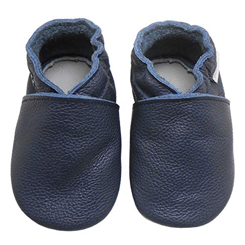 Bemesu Baby Krabbelschuhe Lauflernschuhe Lederpuschen Kinder Hausschuhe aus weichem Leder Einfarbig Blau (L, 12-18 M, EU 21-22) von Bemesu