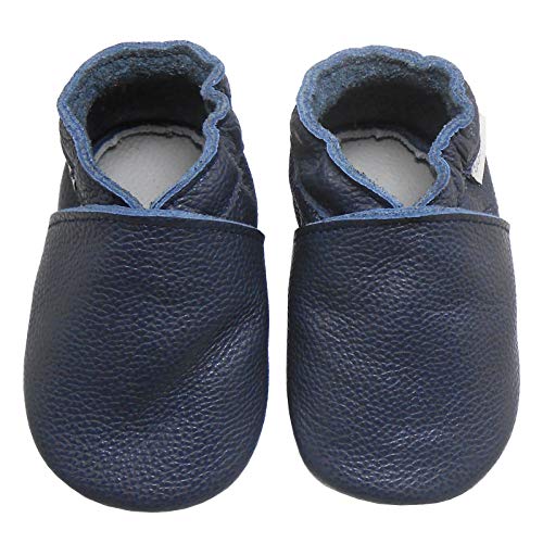 Bemesu Echtleder Hausschuhe Säugling Krabbelschuhe Hausschuhe Mädchen Schuhe Jungen Schuhe Kinder Lauflernschuhe Einfarbig Blau(XL, 18-24 M, EU 23-24) von Bemesu