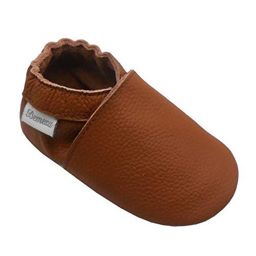 Bemesu Baby Krabbelschuhe Lauflernschuhe Lederpuschen Kinder Hausschuhe aus weichem Leder Einfarbig Braun (L, 12-18 M, EU 21-22) von Bemesu