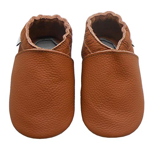 Bemesu Baby Krabbelschuhe Lauflernschuhe Lederpuschen Kinder Hausschuhe aus weichem Leder Einfarbig Braun (L, 12-18 M, EU 21-22) von Bemesu