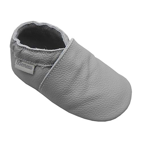 Bemesu Baby Krabbelschuhe Lauflernschuhe Lederpuschen Kinder Hausschuhe aus weichem Leder Einfarbig Grau (L, 12-18 M, EU 21-22) von Bemesu