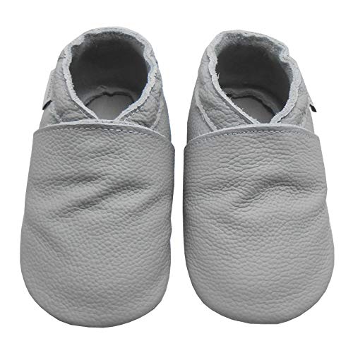 Bemesu Baby Krabbelschuhe Lauflernschuhe Lederpuschen Kinder Hausschuhe aus weichem Leder Einfarbig Grau (M, 6-12 M, EU 20-21) von Bemesu