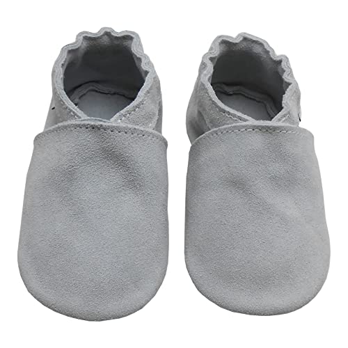 Bemesu Baby Krabbelschuhe Lauflernschuhe Lederpuschen Kinder Hausschuhe aus weichem Leder Einfarbig Hellgrau (L, 12-18 M, EU 21-22) von Bemesu