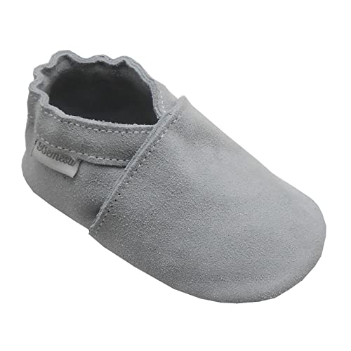 Bemesu Baby Krabbelschuhe Lauflernschuhe Lederpuschen Kinder Hausschuhe aus weichem Leder Einfarbig Hellgrau (S, 0-6 M, EU 18-19) von Bemesu