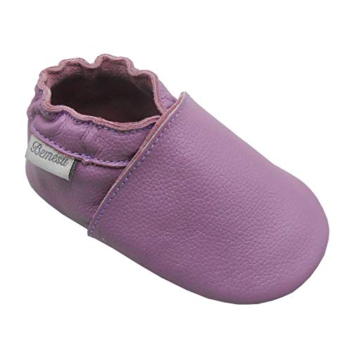 Bemesu Baby Krabbelschuhe Lauflernschuhe Lederpuschen Kinder Hausschuhe aus weichem Leder Einfarbig Lila (M, 6-12 M, EU 20-21) von Bemesu