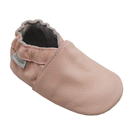 Bemesu Baby Krabbelschuhe Lauflernschuhe Lederpuschen Kinder Hausschuhe aus weichem Leder Einfarbig Pink (L, 12-18 M, EU 21-22) von Bemesu