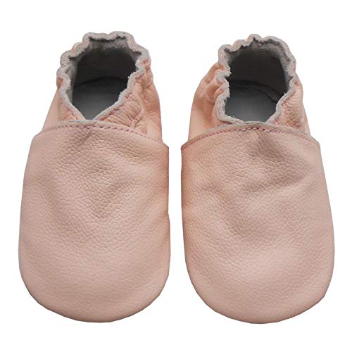 Bemesu Baby Krabbelschuhe Lauflernschuhe Lederpuschen Kinder Hausschuhe aus weichem Leder Einfarbig Pink (S, 0-6 M, EU 18-19) von Bemesu