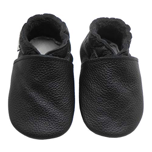 Bemesu Baby Krabbelschuhe Lauflernschuhe Lederpuschen Kinder Hausschuhe aus weichem Leder Einfarbig Schwarz (L, 12-18 M, EU 21-22) von Bemesu