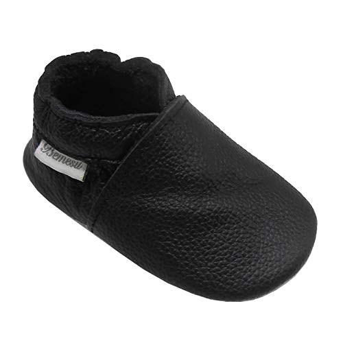 Bemesu Baby Krabbelschuhe Lauflernschuhe Lederpuschen Kinder Hausschuhe aus weichem Leder Einfarbig Schwarz (M, 6-12 M, EU 20-21) von Bemesu