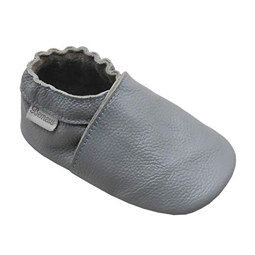 Bemesu Baby Krabbelschuhe Lauflernschuhe Lederpuschen Kinder Hausschuhe aus weichem Leder Einfarbig Steinblau (L, 12-18 M, EU 21-22) von Bemesu