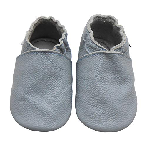 Bemesu Baby Krabbelschuhe Lauflernschuhe Lederpuschen Kinder Hausschuhe aus weichem Leder Einfarbig Steinblau (S, 0-6 M, EU 18-19) von Bemesu