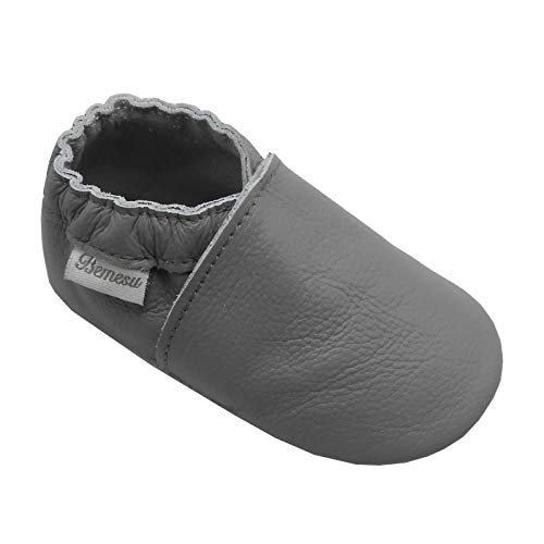 Bemesu Baby Krabbelschuhe Lauflernschuhe Lederpuschen Kinder Hausschuhe aus weichem Leder Grau (L, 12-18 M, EU 21-22) von Bemesu