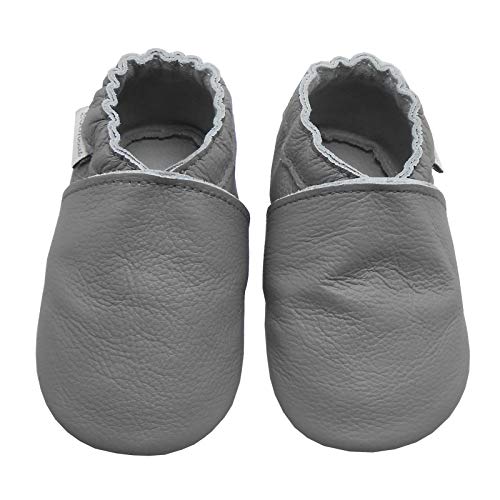 Bemesu Baby Krabbelschuhe Lauflernschuhe Lederpuschen Kinder Hausschuhe aus weichem Leder Grau (M, 6-12 M, EU 20-21) von Bemesu