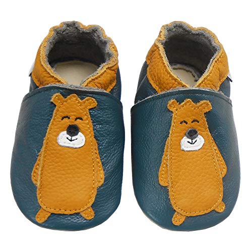 Bemesu Baby Krabbelschuhe Lauflernschuhe Lederpuschen Kinder Hausschuhe aus weichem Leder für Mädchen und Jungen Bär Petrol (L, EU 21-22) von Bemesu