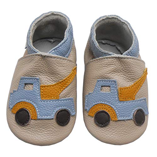 Bemesu Baby Krabbelschuhe Lauflernschuhe Lederpuschen Kinder Hausschuhe aus weichem Leder für Mädchen und Jungen Beige Auto (L, 12-18 M, EU 21-22) von Bemesu