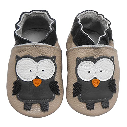 Bemesu Krabbelschuhe Baby Lauflernschuhe Jungen Mädchen Weiche Leder Lederpuschen Hausschuhe kleinkind Barfußschuhe Baby Sockenschuhe Babyschuhe Beige Schwarz Eule (S, 0-6 M, EU 18/19) von Bemesu