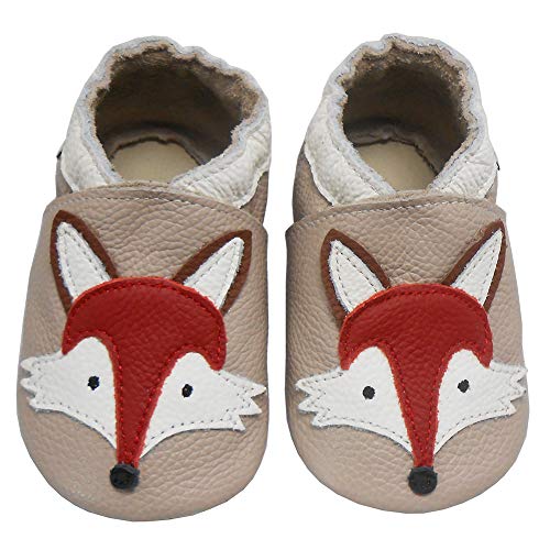 Bemesu Baby Krabbelschuhe Lauflernschuhe Lederpuschen Kinder Hausschuhe aus weichem Leder für Mädchen und Jungen Beige Fuchs (L, EU 21-22) von Bemesu