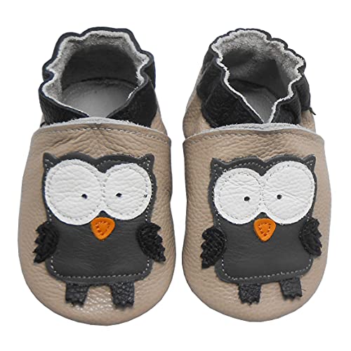 Bemesu Baby Krabbelschuhe Lauflernschuhe Lederpuschen Kinder Hausschuhe aus weichem Leder für Mädchen und Jungen Beige Schwarze Eule (L, EU 21-22) von Bemesu