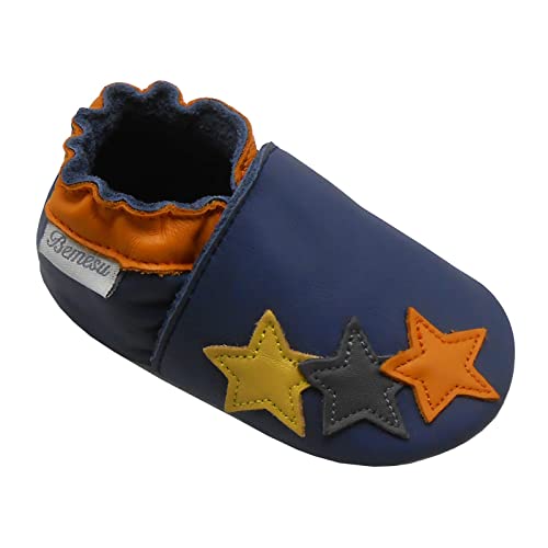 Bemesu Baby Krabbelschuhe Lauflernschuhe Lederpuschen Kinder Hausschuhe aus weichem Leder für Mädchen und Jungen Blau 3 Sterne (S, 0-6 M, EU 18-19) von Bemesu