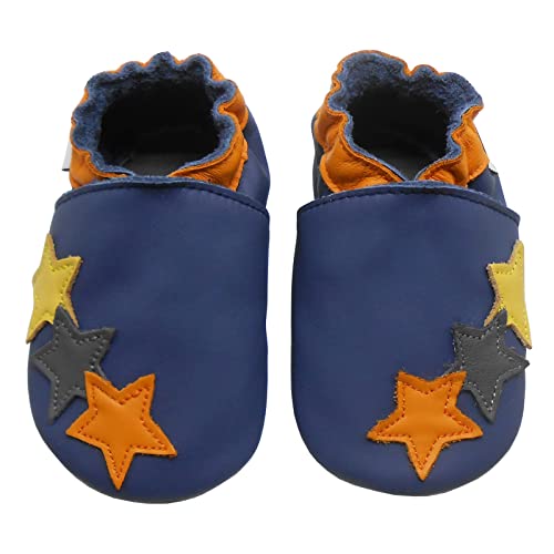 Bemesu Baby Krabbelschuhe Lauflernschuhe Lederpuschen Kinder Hausschuhe aus weichem Leder für Mädchen und Jungen Blau 3 Sterne (S, 0-6 M, EU 18-19) von Bemesu