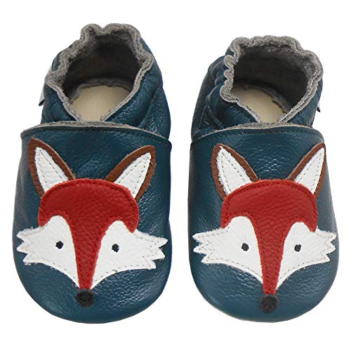 Bemesu Baby Krabbelschuhe Lauflernschuhe Lederpuschen Kinder Hausschuhe aus weichem Leder für Mädchen und Jungen Blau Fuchs (L, EU 21-22) von Bemesu