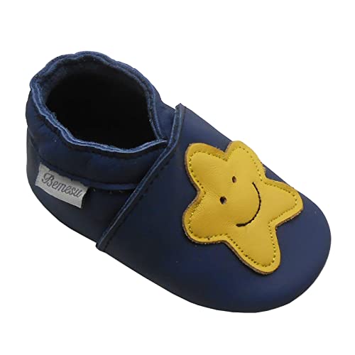 Bemesu Baby Krabbelschuhe Lauflernschuhe Lederpuschen Kinder Hausschuhe aus weichem Leder für Mädchen und Jungen Dunkelblau 1 Sterne (L, 12-18 M, EU 21-22) von Bemesu