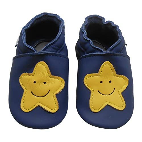 Bemesu Krabbelschuhe Baby Lauflernschuhe Weicher Leder Babyschuhe Lederpuschen mit Wildledersohlen Kleinkind Babyhausschuhe für Mädchen Jungen Dunkelblau Gelb Stern (XL, 18-24 M, EU 23/24) von Bemesu