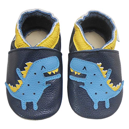 Bemesu Baby Krabbelschuhe Lauflernschuhe Lederpuschen Kinder Hausschuhe aus weichem Leder für Mädchen und Jungen Dunkelblau Krokodil (L, EU 21-22) von Bemesu