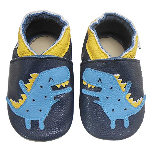 Bemesu Krabbelschuhe Baby Lauflernschuhe Jungen Mädchen Weiche Leder Lederpuschen Hausschuhe kleinkind Barfußschuhe Baby Sockenschuhe Babyschuhe Dunkelblau Dinosaurier (S, 0-6 M, EU 18/19) von Bemesu