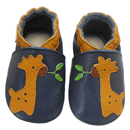 Bemesu Baby Krabbelschuhe Lauflernschuhe Lederpuschen Kinder Hausschuhe aus weichem Leder für Mädchen und Jungen Giraffen Petrol (S, EU 18-19) von Bemesu