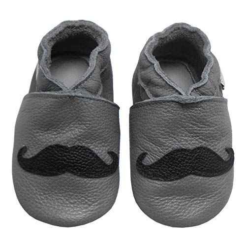 Bemesu Baby Krabbelschuhe Lauflernschuhe Lederpuschen Kinder Hausschuhe aus weichem Leder für Mädchen und Jungen Grau Bart (L, EU 21-22) von Bemesu