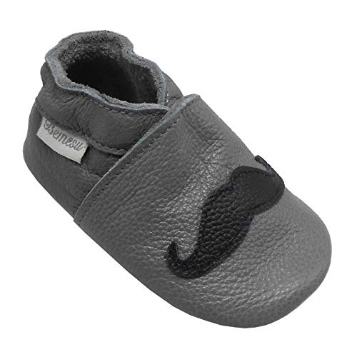 Bemesu Baby Krabbelschuhe Lauflernschuhe Lederpuschen Kinder Hausschuhe aus weichem Leder für Mädchen und Jungen Grau Bart (S, EU 18-19) von Bemesu