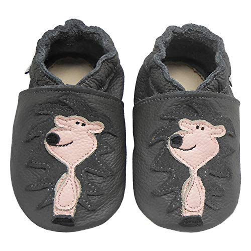 Bemesu Baby Krabbelschuhe Lauflernschuhe Lederpuschen Kinder Hausschuhe aus weichem Leder für Mädchen und Jungen Grau Löwe (M, EU 20-21) von Bemesu