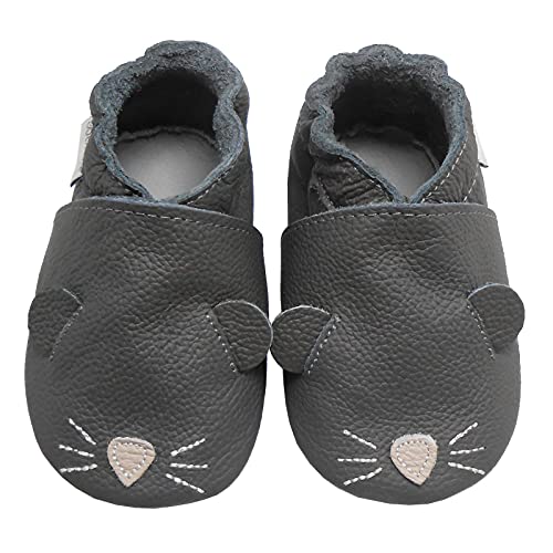 Bemesu Baby Krabbelschuhe Lauflernschuhe Lederpuschen Kinder Hausschuhe aus weichem Leder für Mädchen und Jungen Grau Mäuschen (L, EU 21-22) von Bemesu