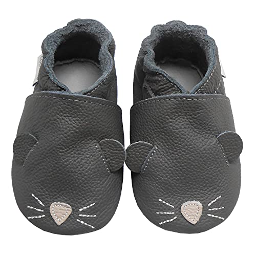 Bemesu Krabbelschuhe Baby Lauflernschuhe Jungen Mädchen Weiche Leder Lederpuschen Hausschuhe kleinkind Barfußschuhe Baby Sockenschuhe Babyschuhe Grau Mäuschen (XL, 18-24 M, EU 23/24) von Bemesu