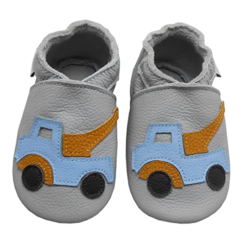 Bemesu Krabbelschuhe Baby Lauflernschuhe Weicher Leder Babyschuhe Lederpuschen mit Wildledersohlen Kleinkind Babyhausschuhe für Mädchen Jungen Hellgrau Kranlastwagen (L, 12-18 M, EU 21/22) von Bemesu