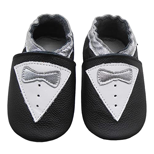 Bemesu Krabbelschuhe Baby Lauflernschuhe Jungen Mädchen Weiche Leder Lederpuschen Hausschuhe kleinkind Barfußschuhe Baby Sockenschuhe Babyschuhe Schwarz Krawatte (S, 0-6 M, EU 18/19) von Bemesu