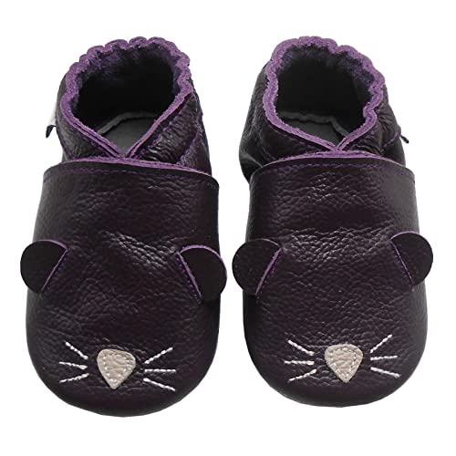 Bemesu Baby Krabbelschuhe Lauflernschuhe Lederpuschen Kinder Hausschuhe aus weichem Leder für Mädchen und Jungen Lila Mäuschen (L, EU 21-22) von Bemesu