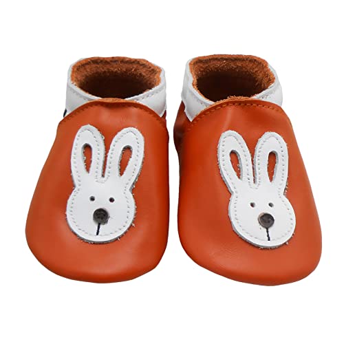 Bemesu Baby Krabbelschuhe Lauflernschuhe Lederpuschen Kinder Hausschuhe aus weichem Leder für Mädchen und Jungen Orange Hase (M, EU 20-21) von Bemesu