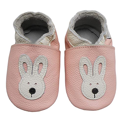 Bemesu Krabbelschuhe Baby Lauflernschuhe Jungen Mädchen Weiche Leder Lederpuschen Hausschuhe kleinkind Barfußschuhe Baby Sockenschuhe Babyschuhe Pink Hase (L, 12-18 M, EU 21/22) von Bemesu
