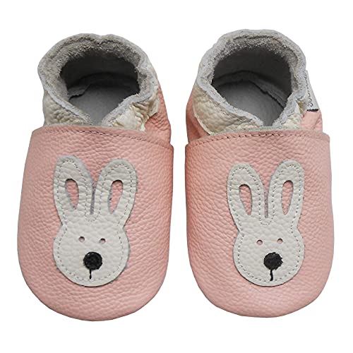 Bemesu Baby Krabbelschuhe Lauflernschuhe Lederpuschen Kinder Hausschuhe aus weichem Leder für Mädchen und Jungen Pink Hase (M, EU 20-21) von Bemesu