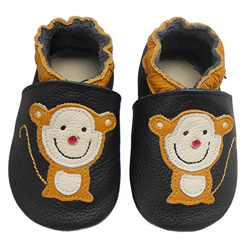 Bemesu Baby Krabbelschuhe Lauflernschuhe Lederpuschen Kinder Hausschuhe aus weichem Leder für Mädchen und Jungen Schwarz Äffchen (S, EU 18-19) von Bemesu