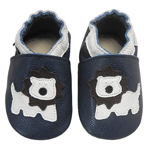 Bemesu Baby Krabbelschuhe Lauflernschuhe Lederpuschen Kinder Hausschuhe aus weichem Leder für Mädchen und Jungen Schwarz Bär (L, EU 21-22) von Bemesu