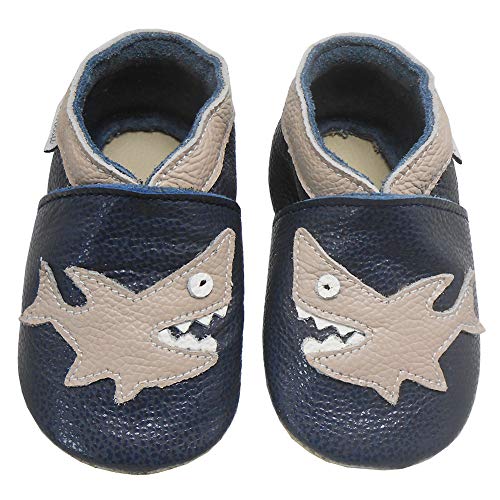 Bemesu Baby Krabbelschuhe Lauflernschuhe Lederpuschen Kinder Hausschuhe aus weichem Leder für Mädchen und Jungen Schwarz Hai (M, EU 20-21) von Bemesu