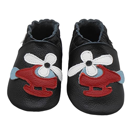 Bemesu Baby Krabbelschuhe Lauflernschuhe Lederpuschen Kinder Hausschuhe aus weichem Leder für Mädchen und Jungen Schwarz Hubschrauber (L, EU 21-22) von Bemesu