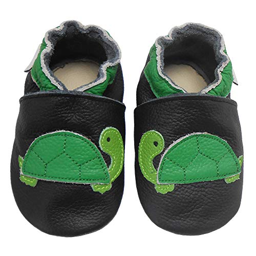 Bemesu Baby Krabbelschuhe Lauflernschuhe Lederpuschen Kinder Hausschuhe aus weichem Leder für Mädchen und Jungen Schwarz Schildkröte (L, EU 21-22) von Bemesu