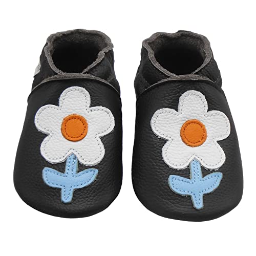 Bemesu Krabbelschuhe Baby Lauflernschuhe Weicher Leder Babyschuhe Lederpuschen mit Wildledersohlen Kleinkind Babyhausschuhe für Mädchen Jungen Schwarz Blume (L, 12-18 M, EU 21/22) von Bemesu