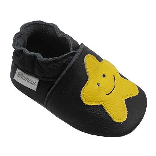 Bemesu Baby Krabbelschuhe Lauflernschuhe Lederpuschen Kinder Hausschuhe aus weichem Leder für Mädchen und Jungen Sterne (L, 12-18 M, EU 21-22) von Bemesu